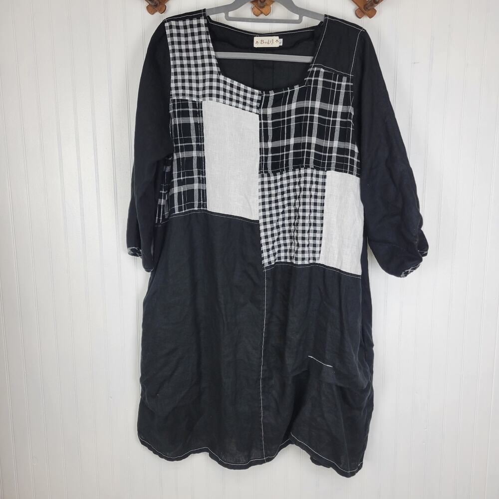 Bodil Linen Black and White Long Sleeve Dress Size Large